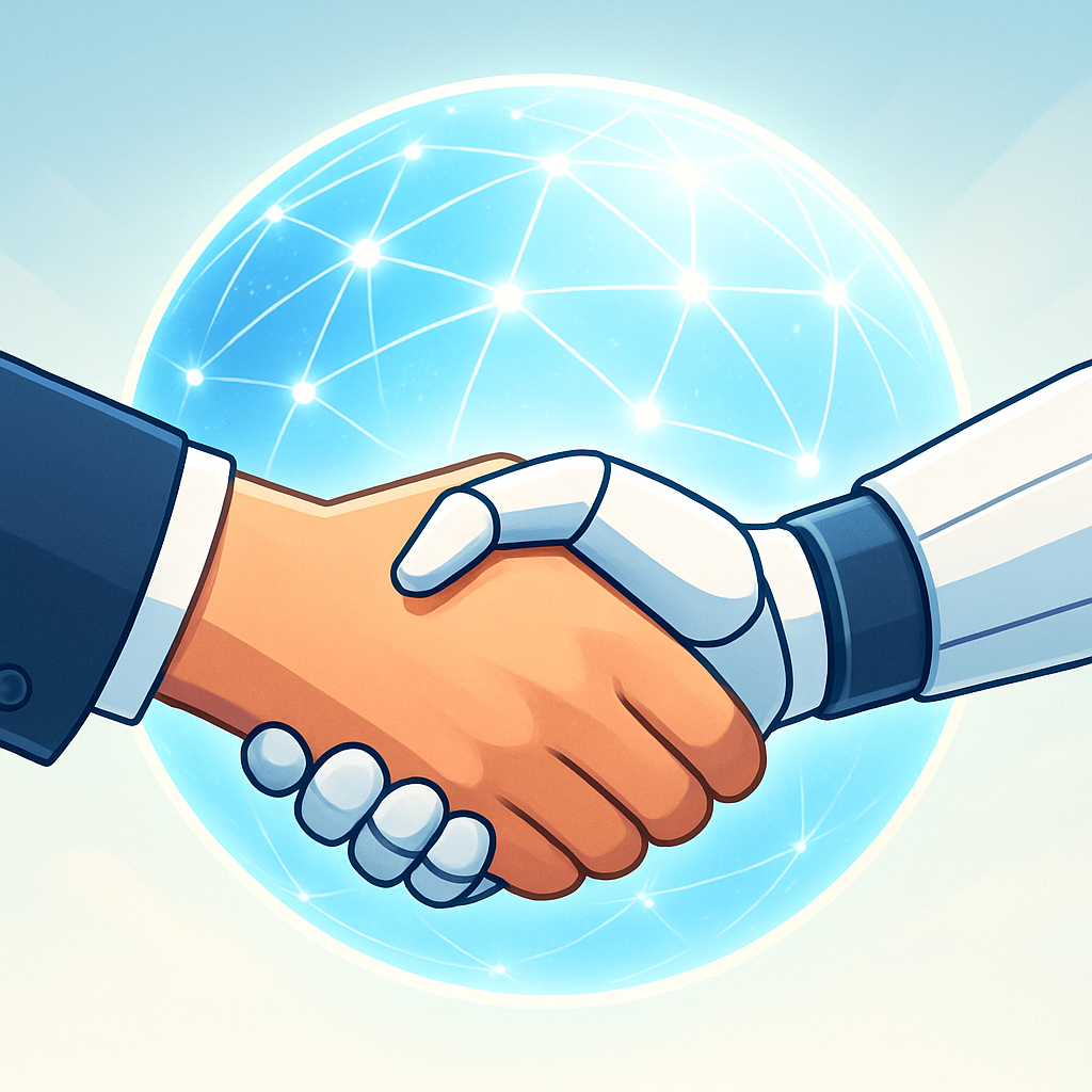 AI and human hands shaking over a vibrant globe, symbolizing collaboration.