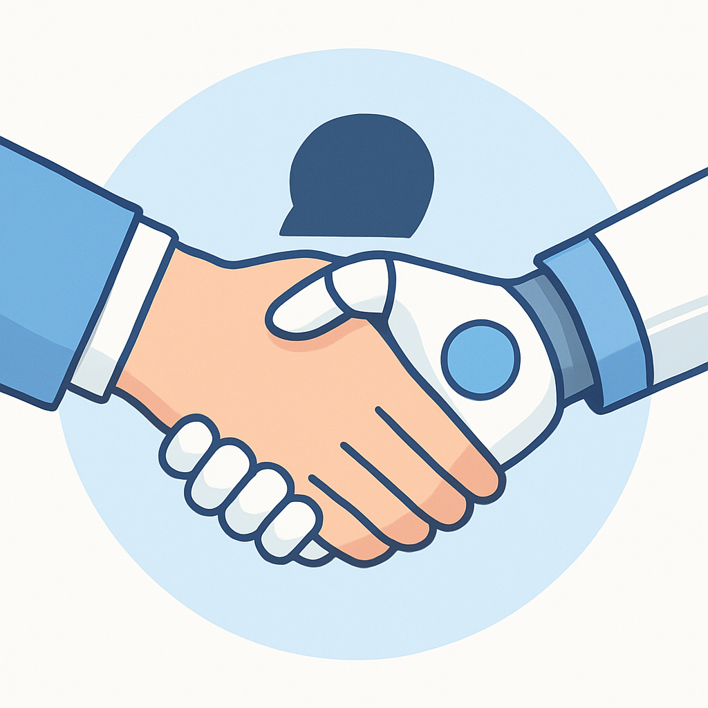 Illustration of a handshake between a human and an AI, symbolizing collaboration.
