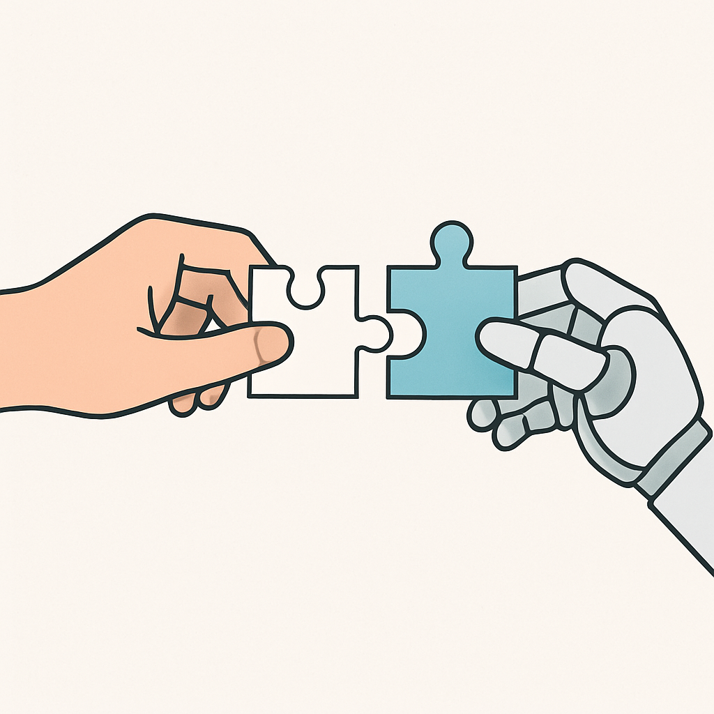 Puzzle pieces connecting human and AI hands, illustrating advanced prompting.