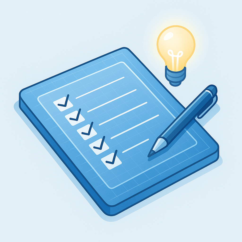 Blueprint with checklist and lightbulb, representing session templates.